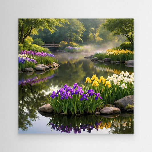 Leinwandbild Irisgarten am Teich mit lila, gelben und weißen Blüten, Steinen und Spiegelung.