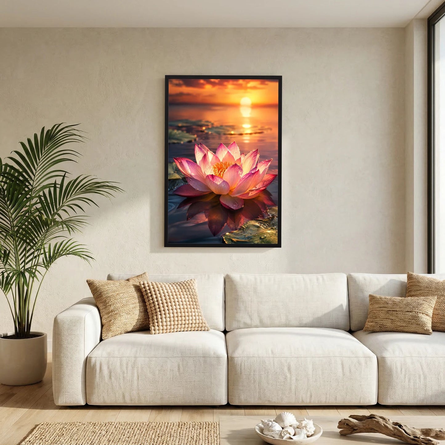 Hochformatiges Poster: rosafarbene Lotusblüte mit Sonnenuntergang, schwarzer Rahmen