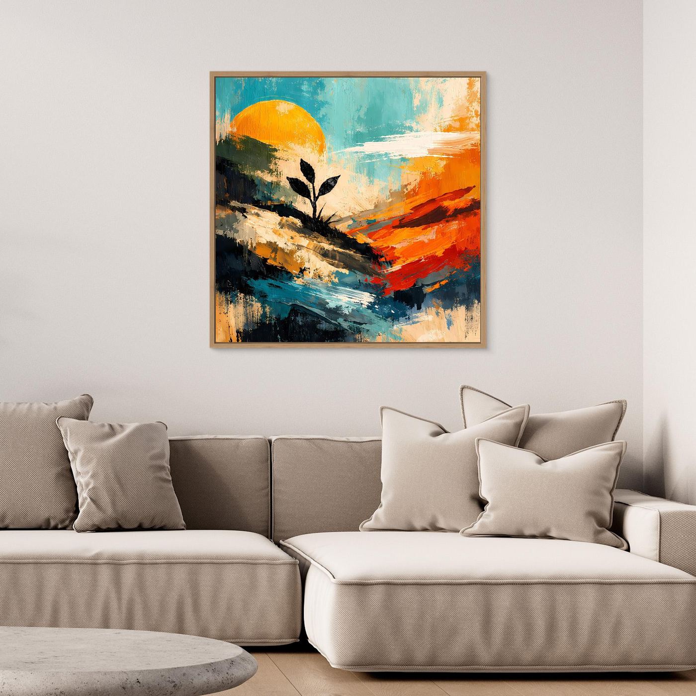 Leinwand-Wandbild mit Pflanzen-Silhouette, Sonnenkreis und Farbfeldern; goldfarbener Rahmen