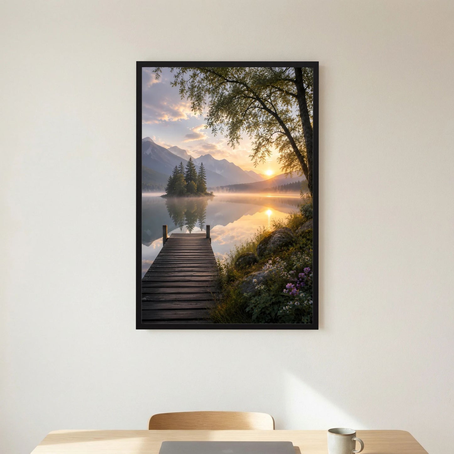 Bergsee mit Holzsteg | Sonnenuntergang in ruhiger Berglandschaft | Poster Hochformat