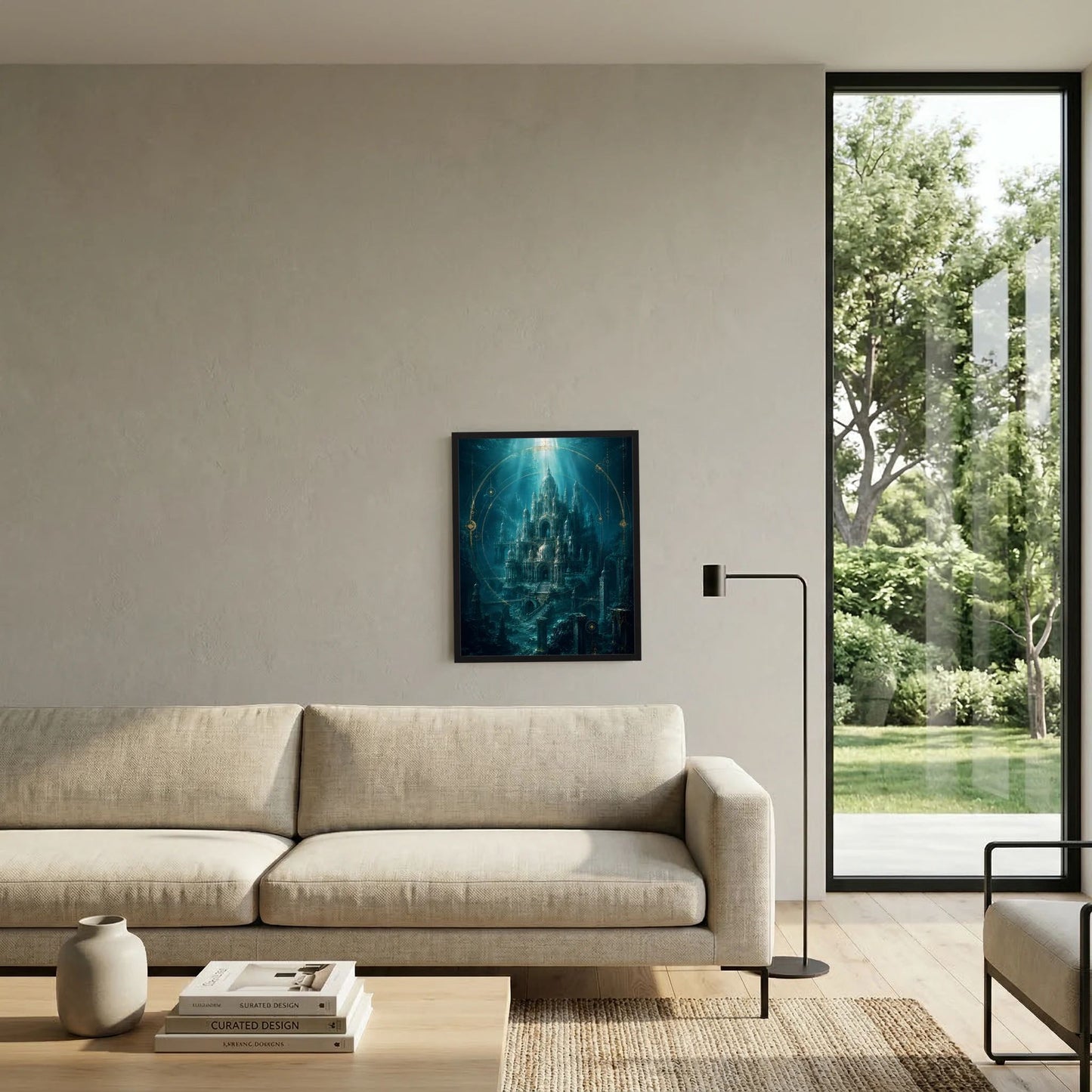 Gerahmtes Kunstposter mit Unterwasserstadt in Türkis und Gold an Wand über Sofa