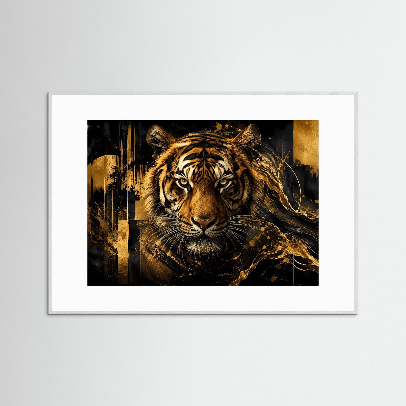 Tiger-Poster im Querformat: goldener Raubtierkopf, dunkle Urban-Grafik, weißer Passepartout-Rand