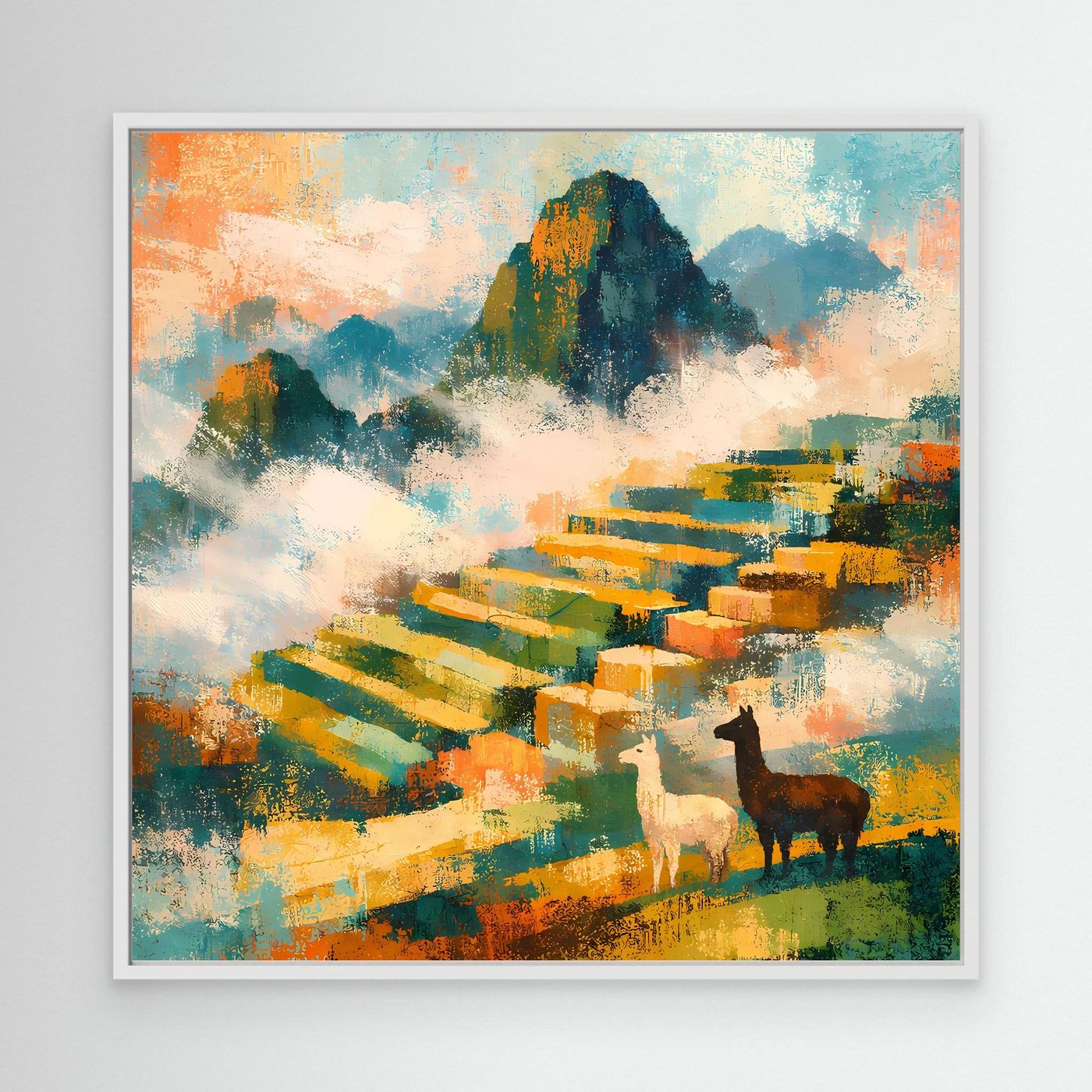 Leinwand-Wandbild mit abstrakter Landschaft, farbigen Terrassen und zwei Alpakas, weißer Rahmen