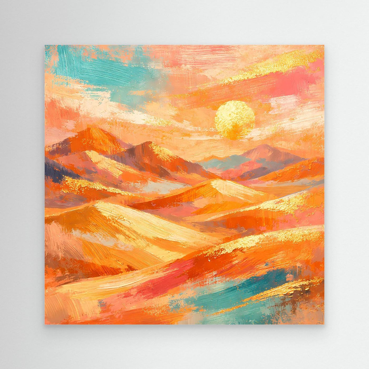 Leinwandbild abstrakte Wüstenlandschaft mit Sonne und Bergzügen in Pastellfarben