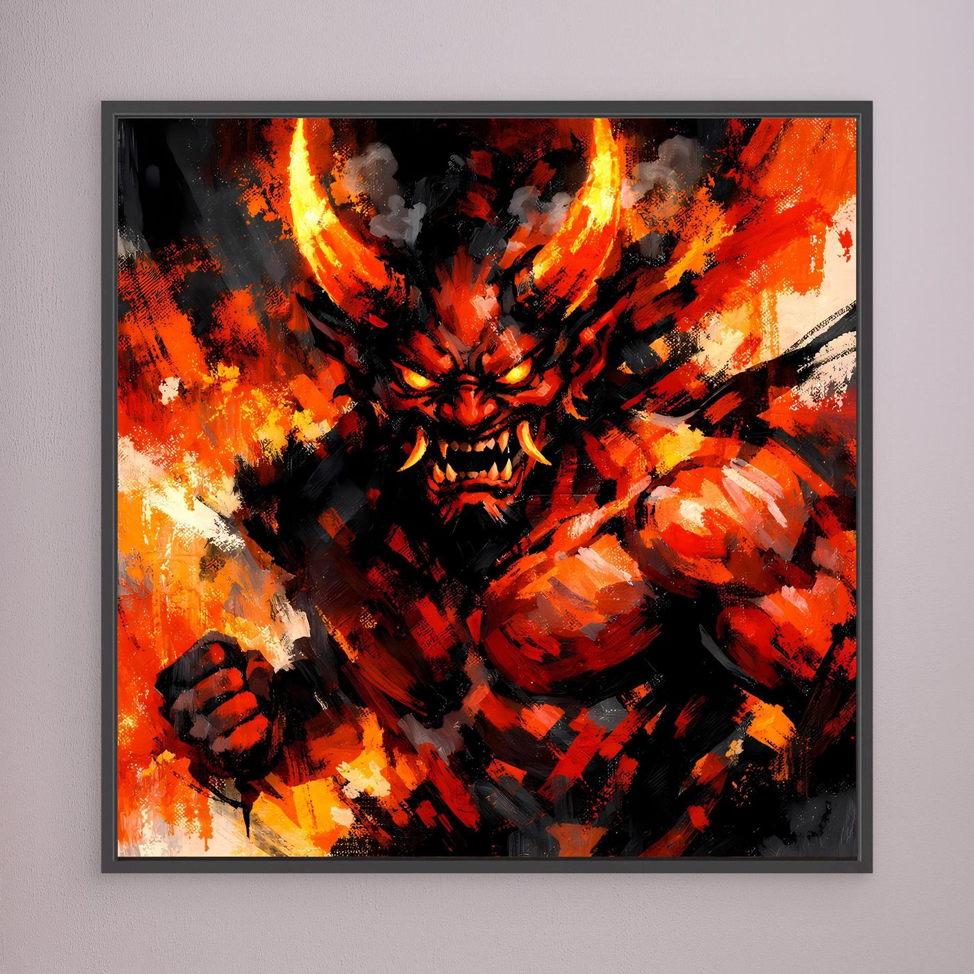 Leinwand Feuriger Dämon | Expressionistisches Fantasy Oni Wandbild