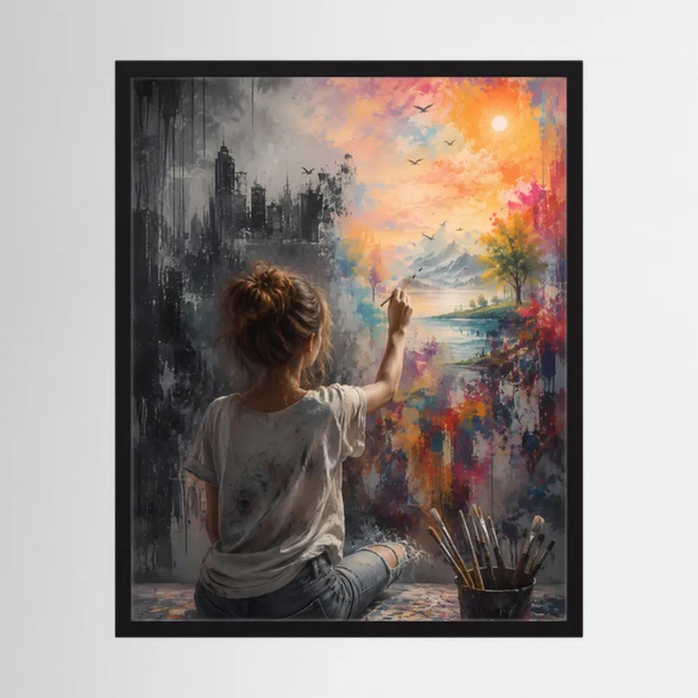Hochformat-Poster im schwarzen Rahmen: Frau zwischen Stadt und Natur in bunten Farben