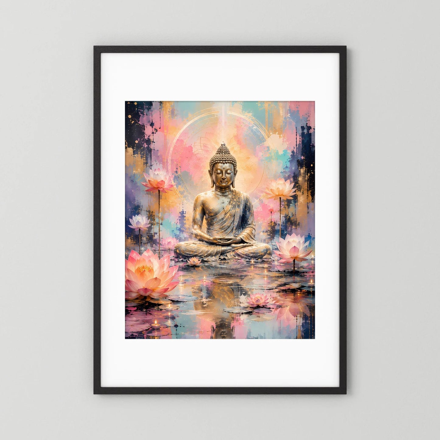 Poster: meditierender Buddha, goldene Statue mit Lotusblüten im schwarzen Rahmen mit weißem Rand
