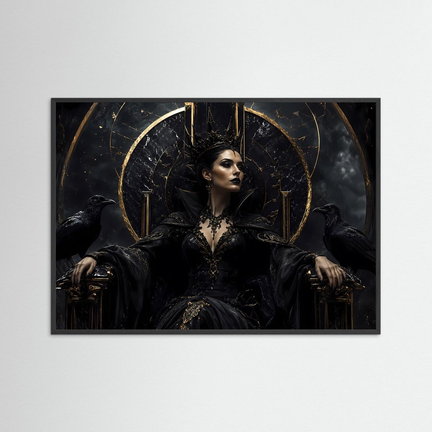 Dunkle Königin auf Marmorthron – Gothic Fantasy Motiv mit Krone & Raben
