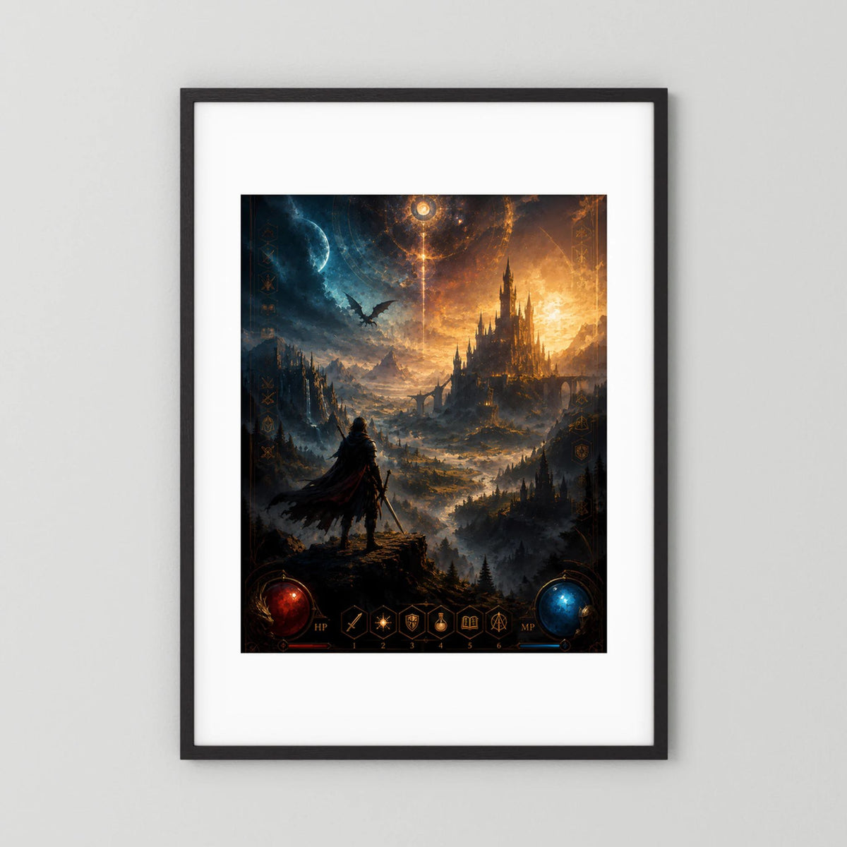 Magisches Burg-Kunstposter im Hochformat mit Krieger, Drache und Orbs, schwarzer Rahmen
