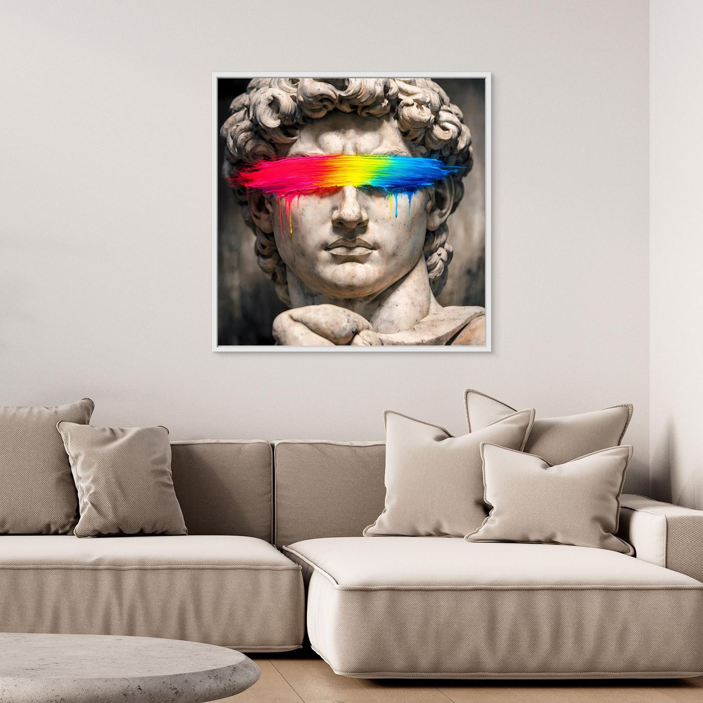 Leinwandbild David-Statue mit Regenbogenfarbbalken, weißer Rahmen