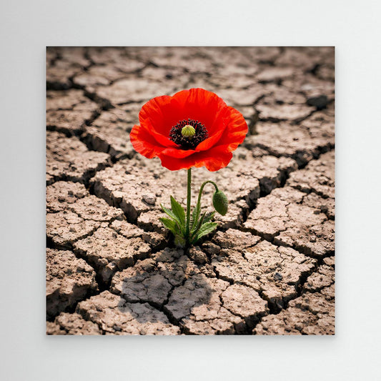 Leinwandbild mit roter Mohnblume auf rissigem Trockenboden, mit weißem Rahmen