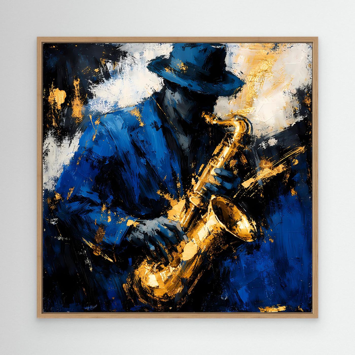 Leinwand Eleganter Jazz-Saxophonist in Blau und Gold | Abstraktes Musik Wandbild