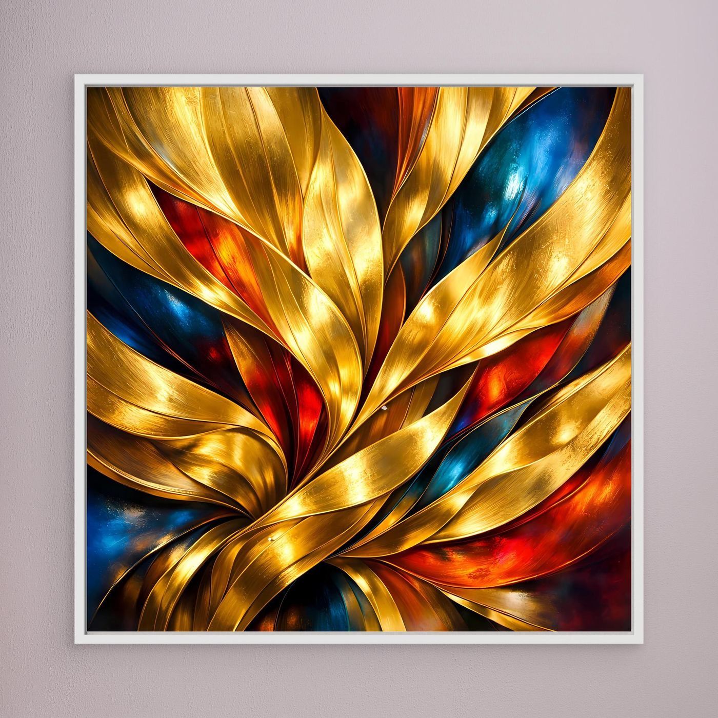 Leinwandbild mit abstrakten Goldwellen, blau und rot, weißer Rahmen