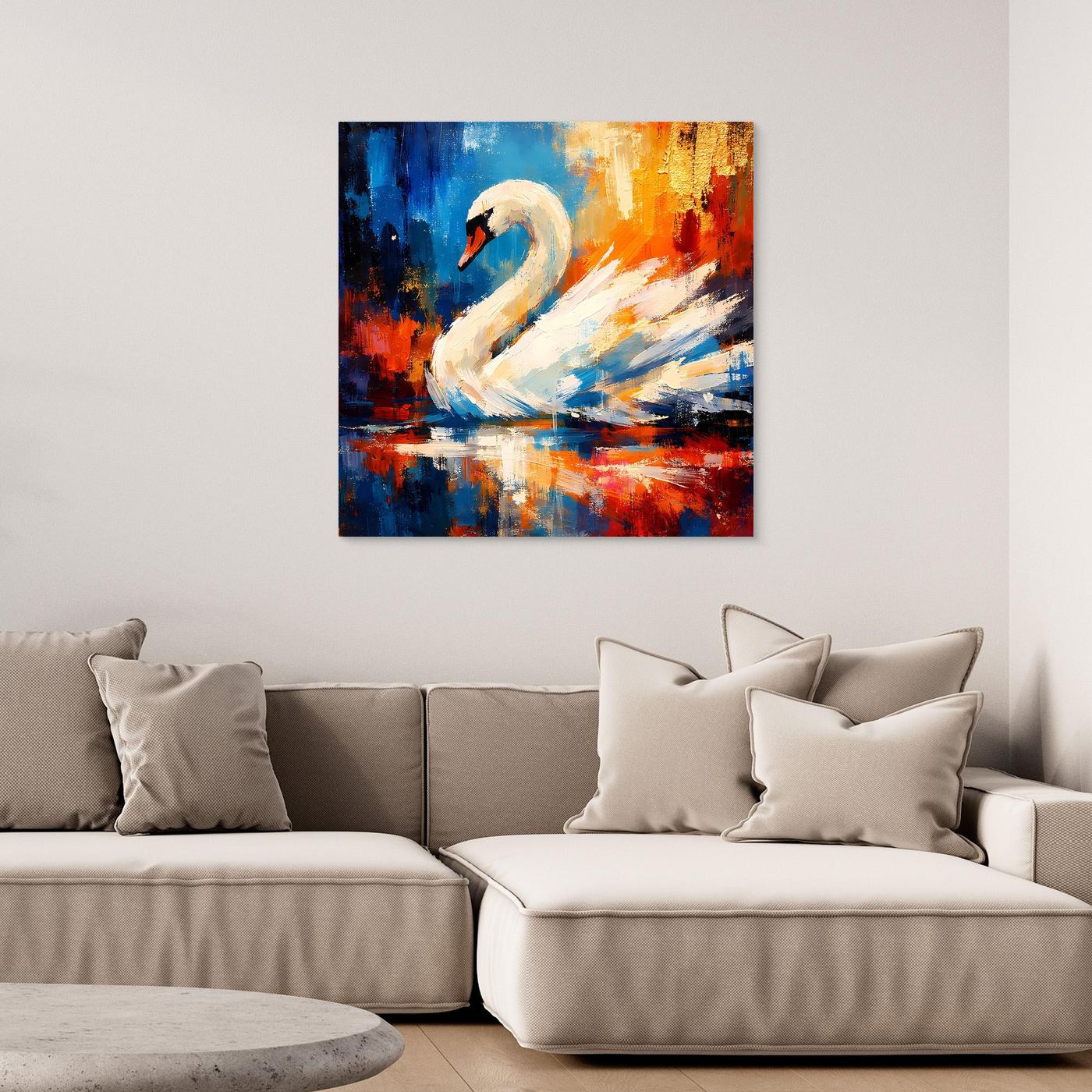 Leinwandbild mit Schwan im abstrakten Stil, Farbverläufe in Blau, Orange und Rot, gerahmt.