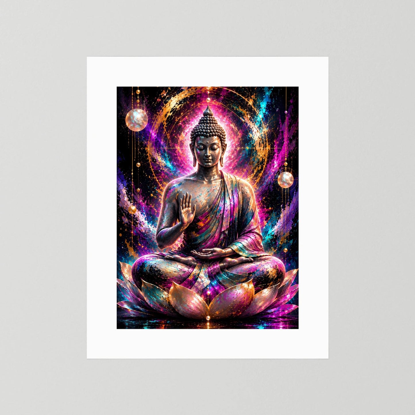 Neon-Buddha-Poster mit Buddha im Lotussitz, Mandala und Lichtfunken, ohne Rahmen