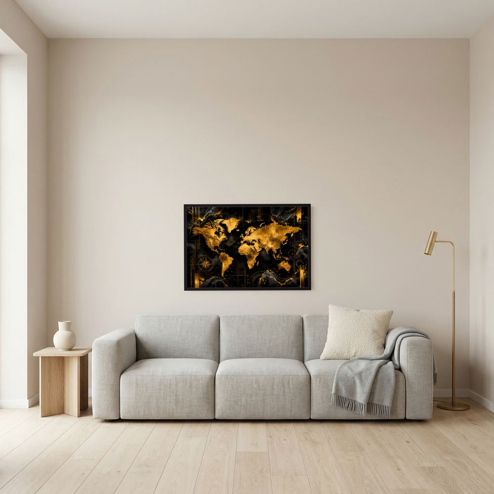 Weltkarte-Poster im schwarzen Rahmen mit Golddetails, abstrakte Weltkarte, quer