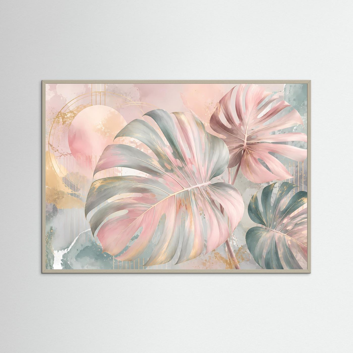 Monstera Blätter Poster Querformat | Tropische Wandkunst Pastell Rosa Gold | Moderne Botanische Kunst