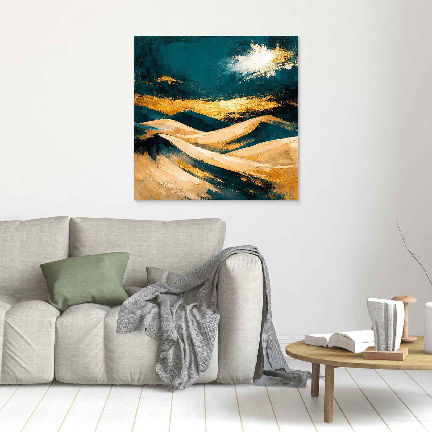 Wandbild mit abstrakter Dünenlandschaft in Petrol, Beige und Gold