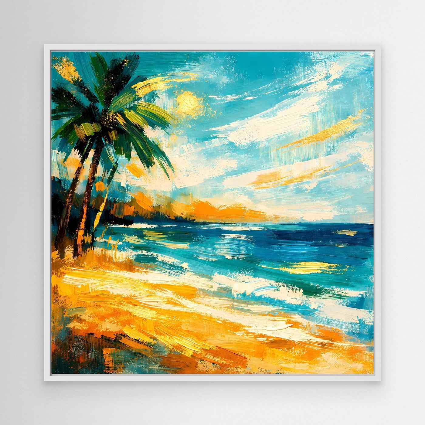 Leinwandbild mit abstrakter Palme, türkisblauem Wasser und gelbem Ufer, weißer Rahmen