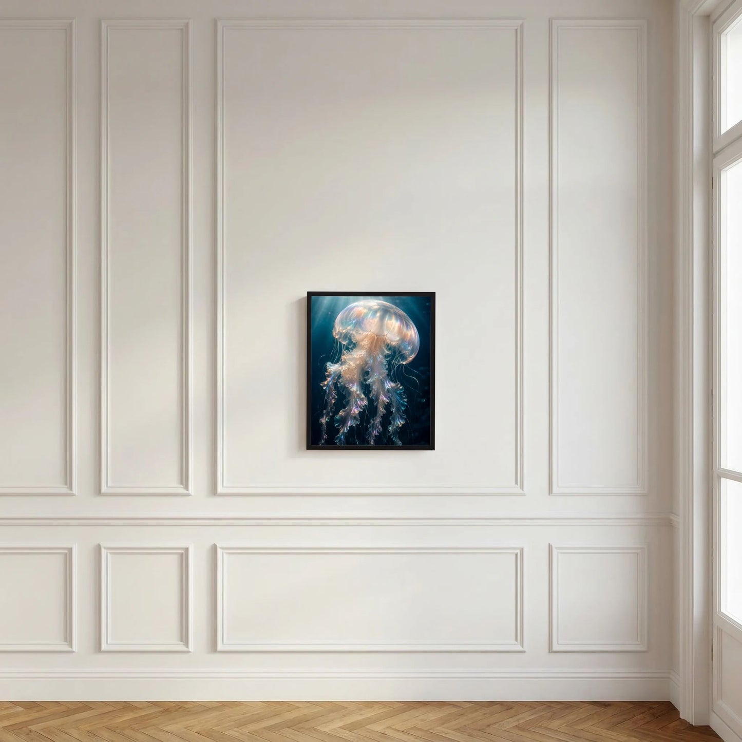 Kunstposter mit schwarzem Rahmen, leuchtende Qualle in Blau und Rosé