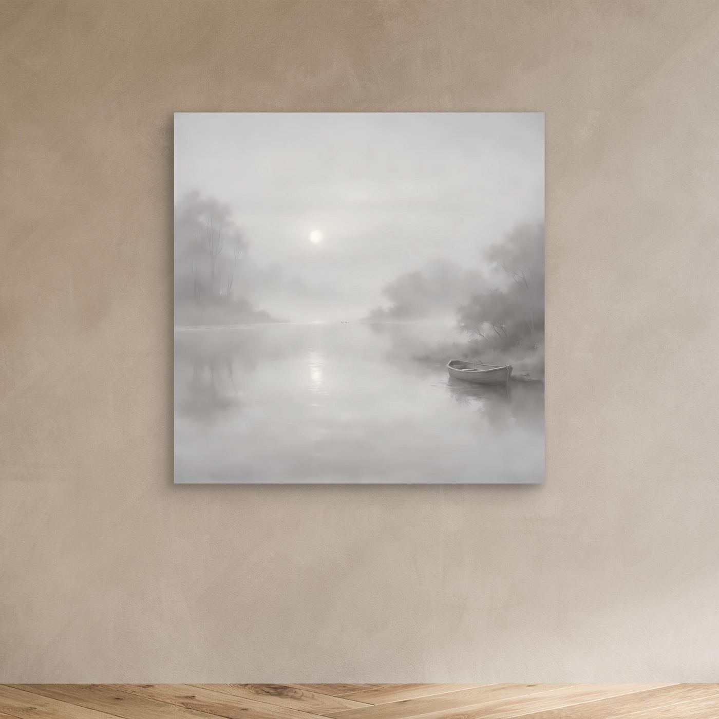 Leinwandbild mit nebligem Flussmotiv in Grau, quadratisch, ohne Rahmen
