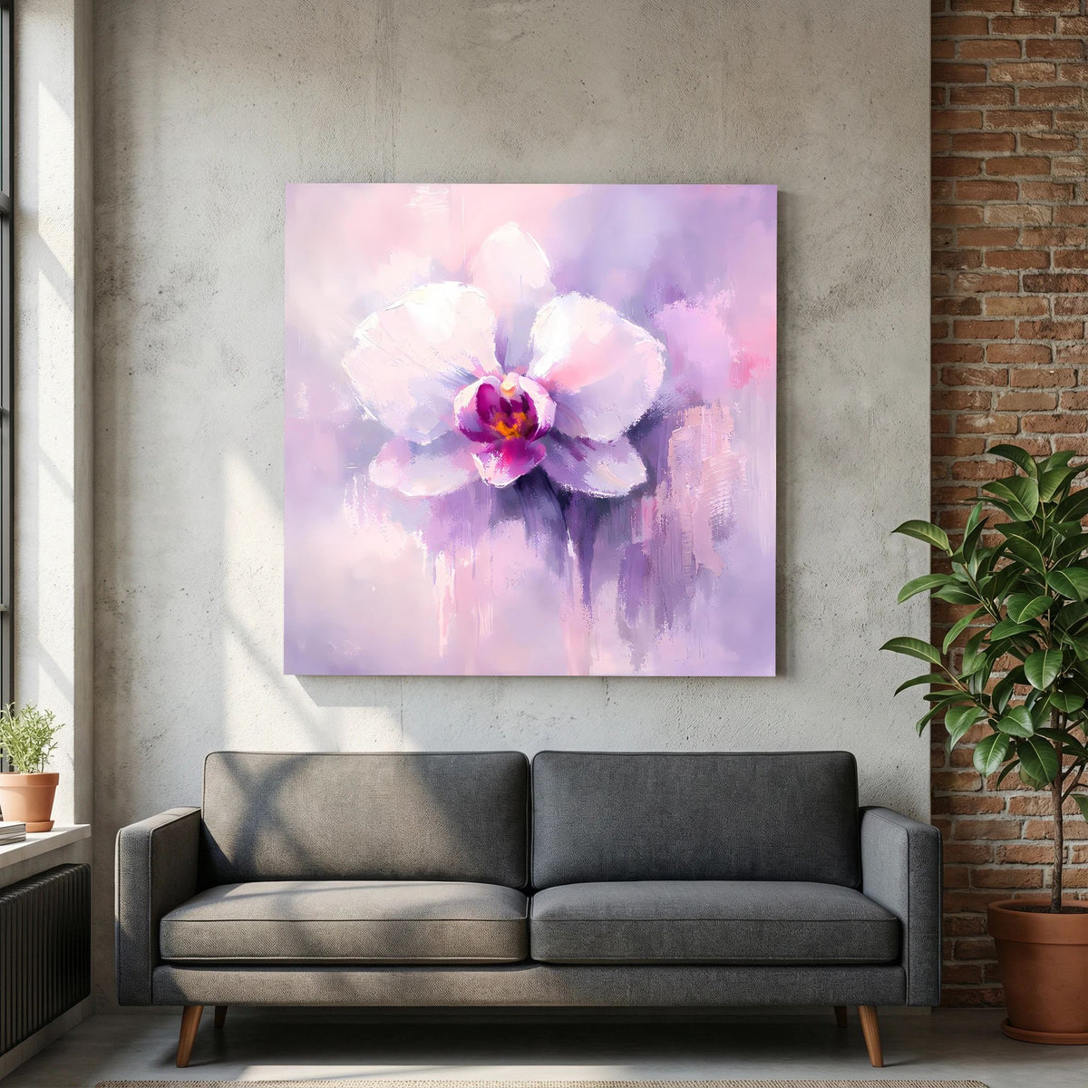 Quadratisches Leinwand-Wandbild mit Orchideenblüte in Pastell-Pink, Lila und Weiß