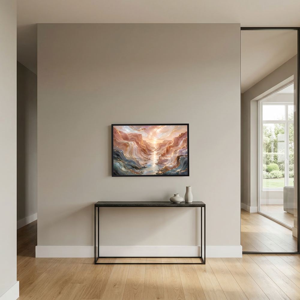 Poster im schwarzen Rahmen: abstrakte Canyonlandschaft mit Fluss in Roségold