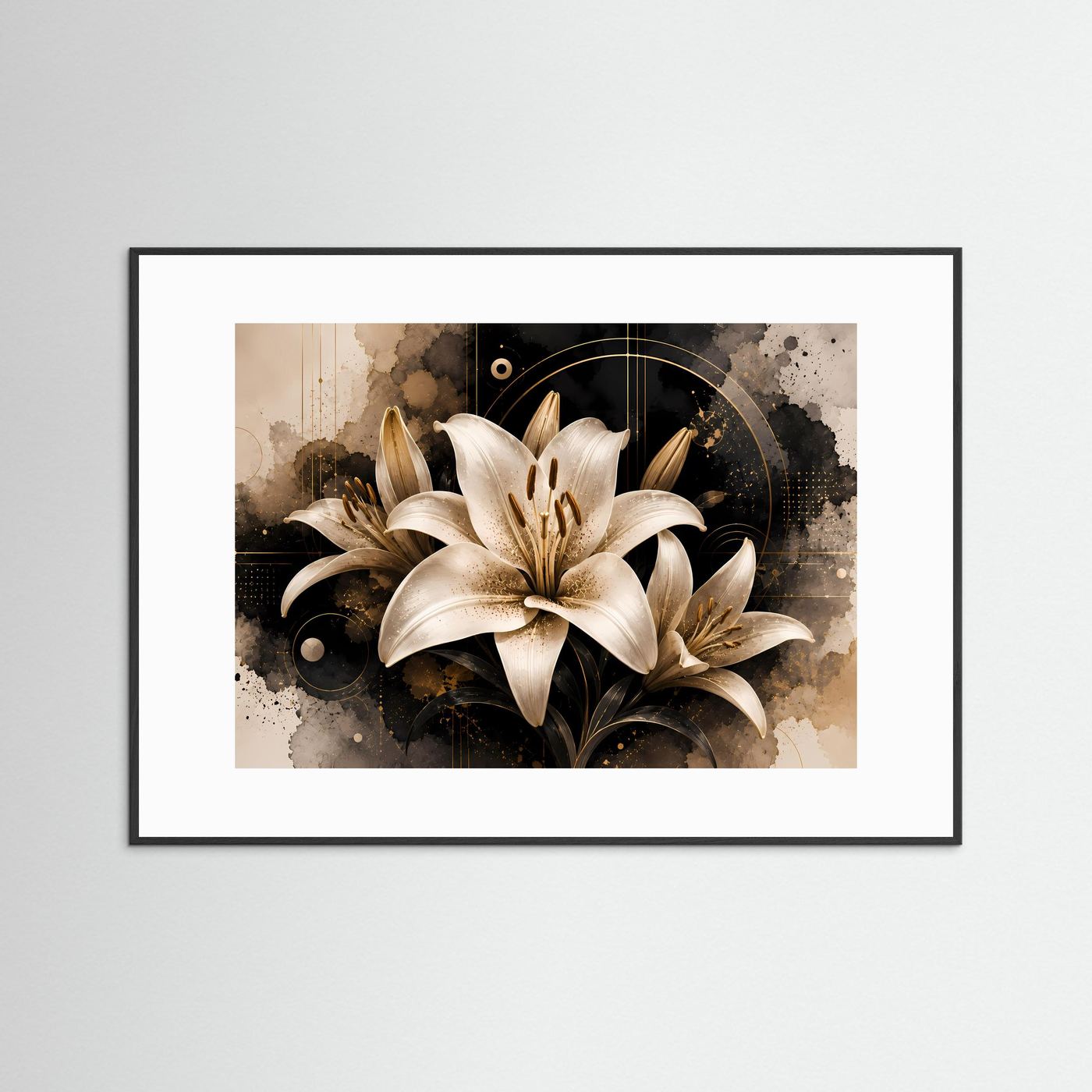 Gerahmtes Poster im Querformat mit weißen Lilienblüten, schwarzer Rahmen und weißes Passepartout