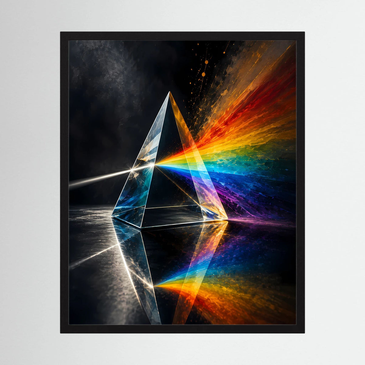 Gerahmtes Poster im Hochformat: Lichtprisma mit Regenbogen-Spektrum auf dunklem Hintergrund.