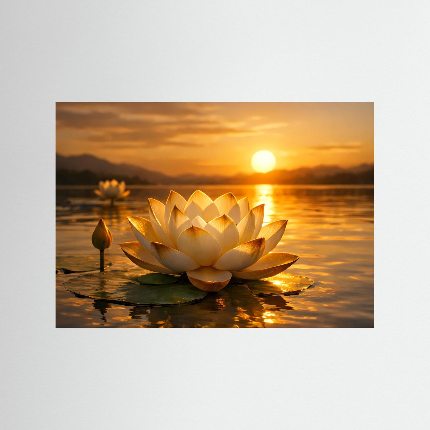 Poster mit Lotusblüte im Sonnenuntergang, goldfarben gerahmt