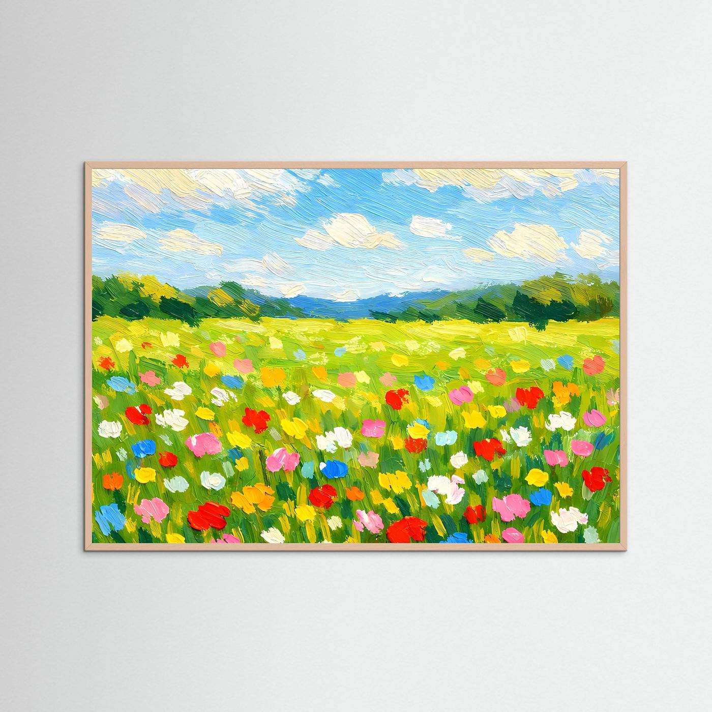 Wandbild Blumenwiese mit bunten Blüten und blauem Himmel, heller Holzrahmen