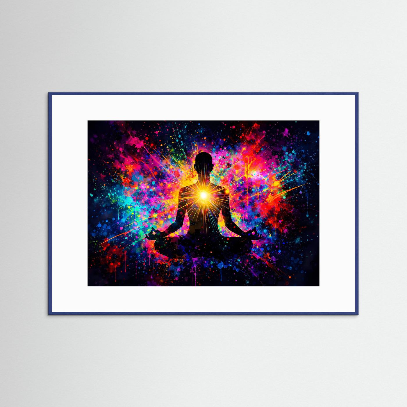 Meditationsposter mit sitzender Figur im Lotussitz und Herz-Chakra, blau gerahmt