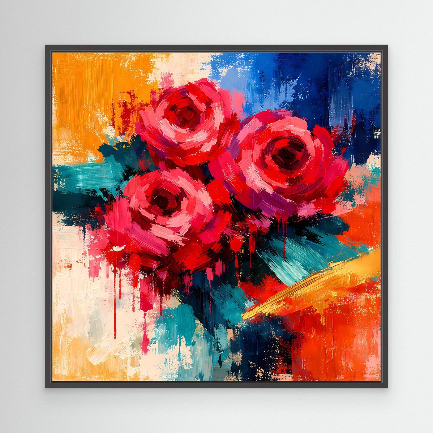 Abstraktes Leinwand-Wandbild mit roten Rosen, Pinselstriche, mit schwarzem Rahmen