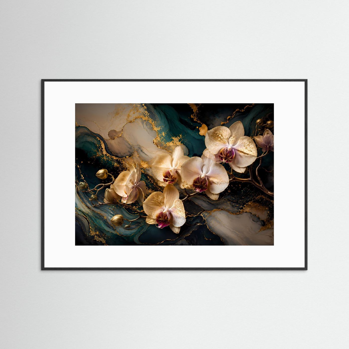 Gerahmtes Querformat-Poster mit beigen Orchideen, schwarzer Rahmen und weißer Rand