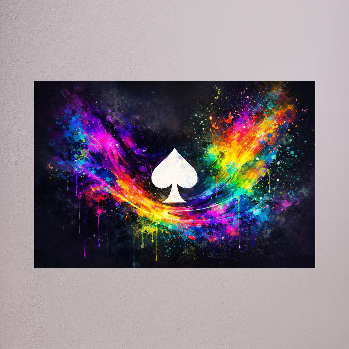 Poster mit abstrakter Neon-Farbexplosion und weißem Pik-Symbol