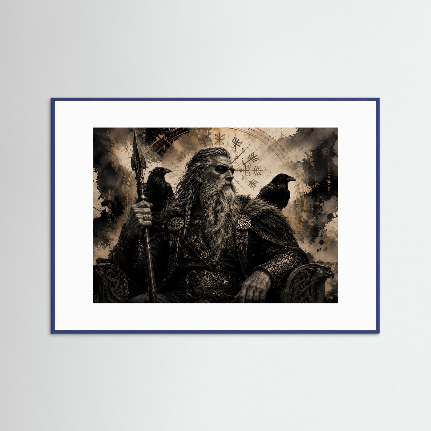 Querformat-Poster: bärtiger Rabenkrieger mit Speer, Runen und Rabe, Sepia, blauer Rahmen