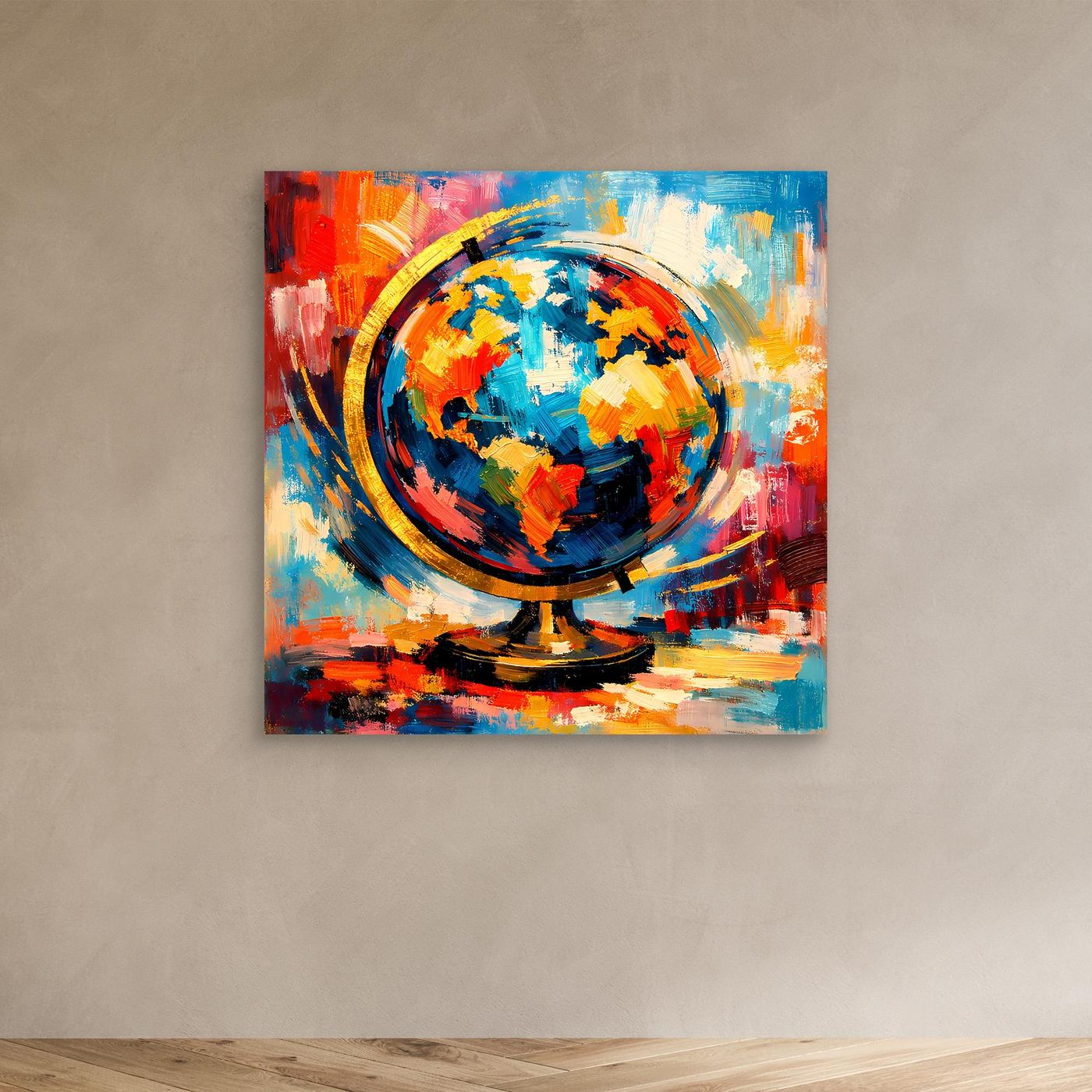 Leinwandbild mit abstraktem Globus und Weltkarte, farbige Pinseloptik, ohne Rahmen