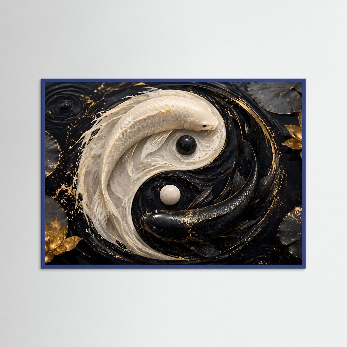 Yin Yang Koi Poster | Schwarzer & Weißer Koi mit Gold Lotus | Feng Shui Wandkunst | Abstrakte Zen Kunst | Premium Leinwand & Wall Art