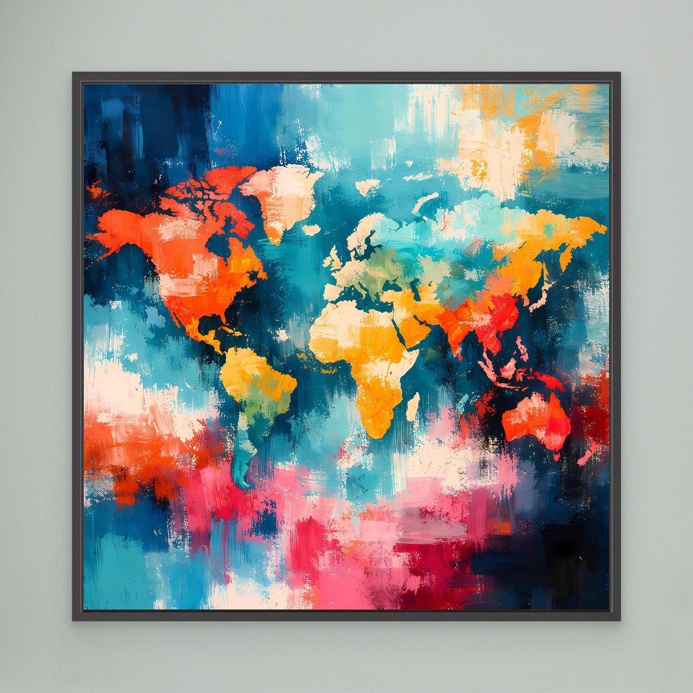 Abstract world map canvas with colorful splash-style continents in a black frame