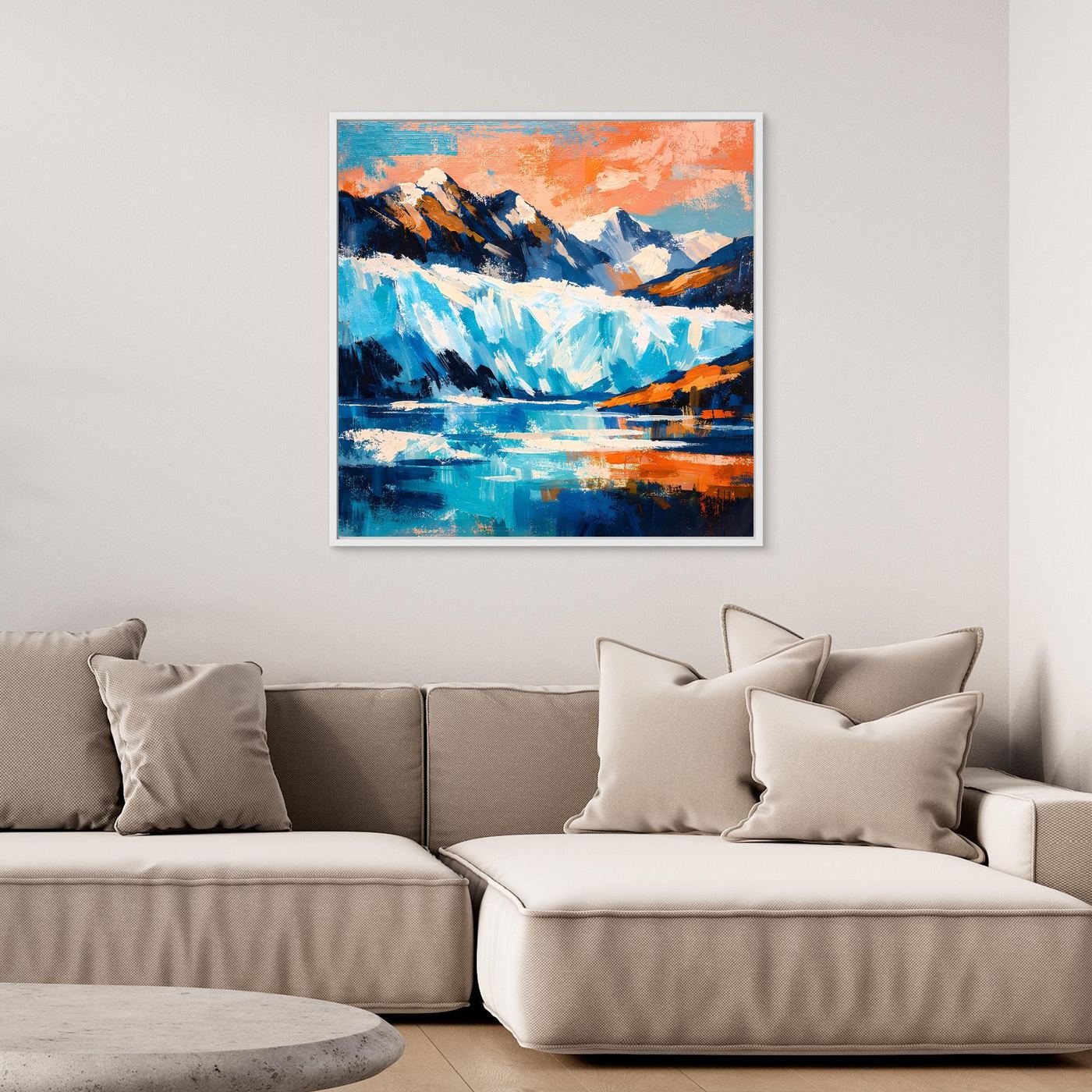 Gerahmtes Leinwand-Wandbild: abstrakter Gletscher und Berge, türkisblauer See, orangefarbener Himmel.