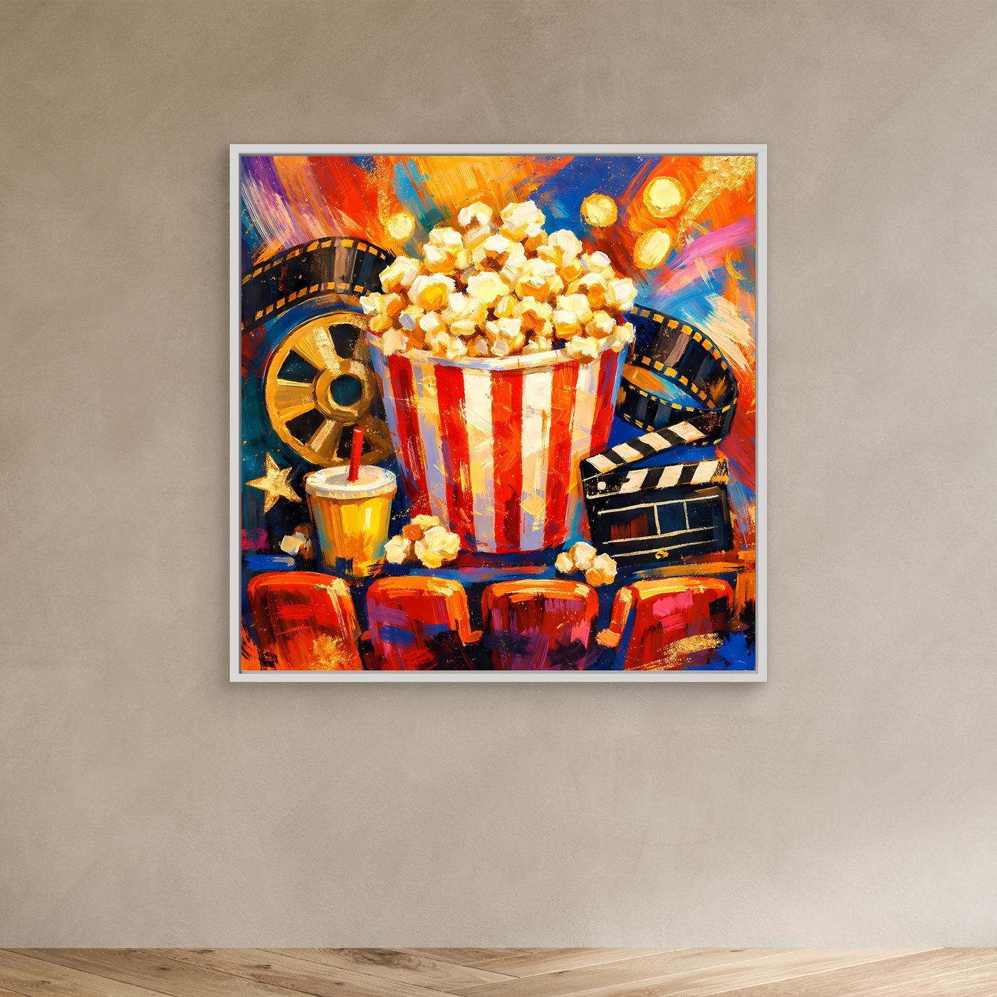 Leinwandbild mit Popcornbecher (rot-weiß) und Filmstreifen, weißer Rahmen