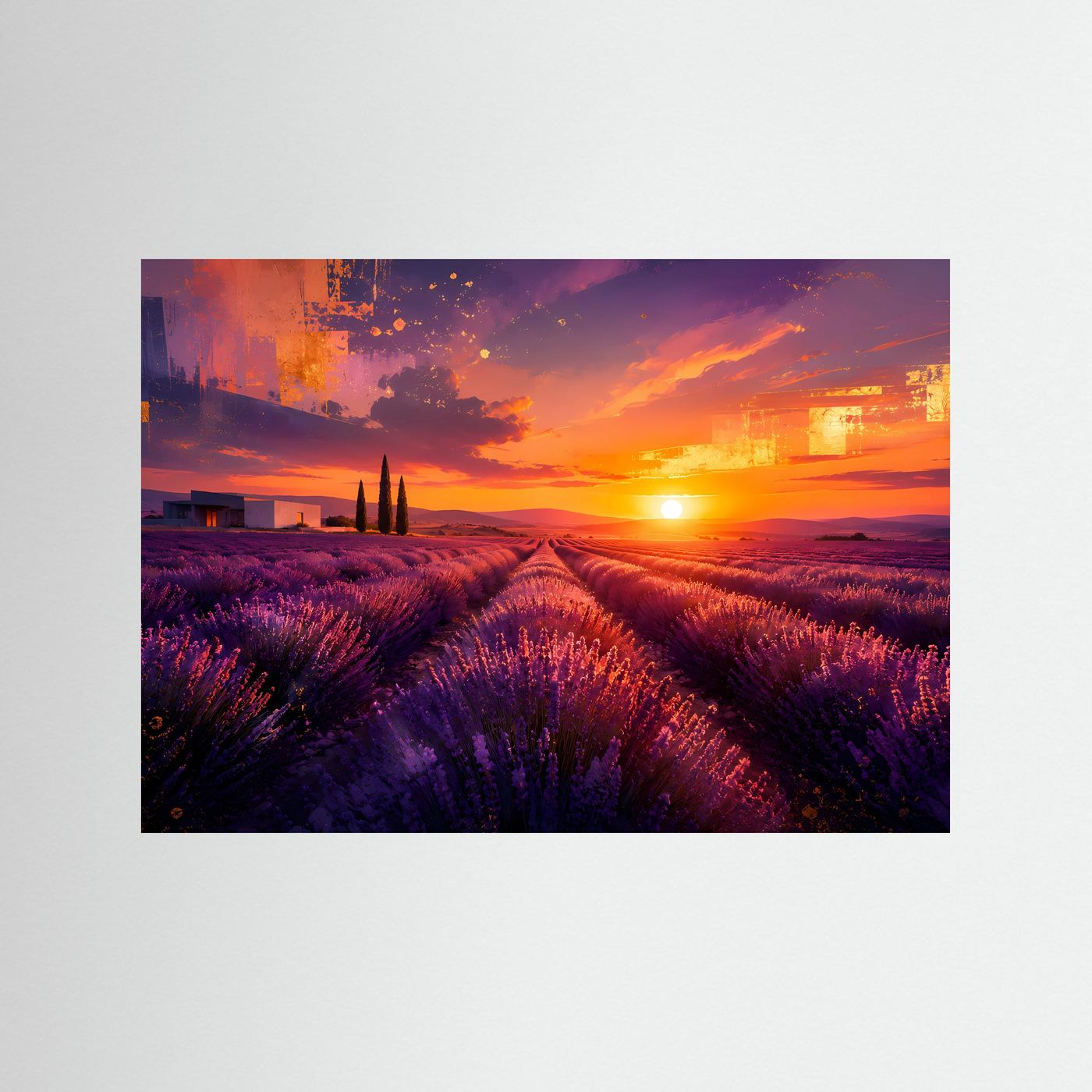 Lavendelfeld Sonnenuntergang Poster | Provence Landschaft Wandbild | Abstrakte Lavendel Kunst | Moderne Natur Panorama | Premium Leinwand Wall Art