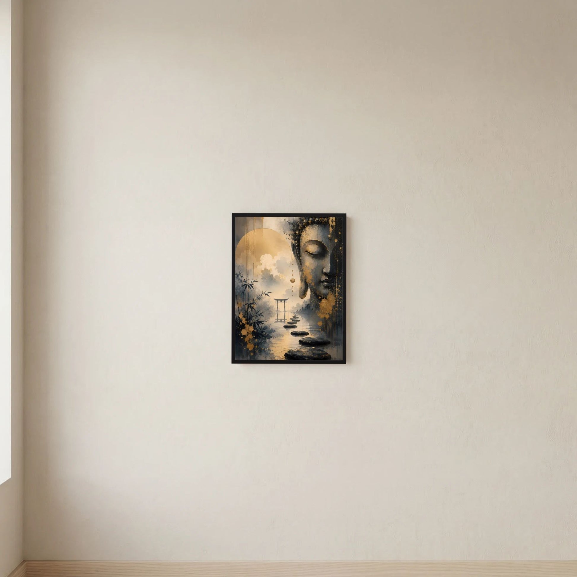 Kleines Hochformat-Wandposter mit Buddha in Gold und Schwarz, Wasserpfad und Torii-Landschaft, schwarz gerahmt