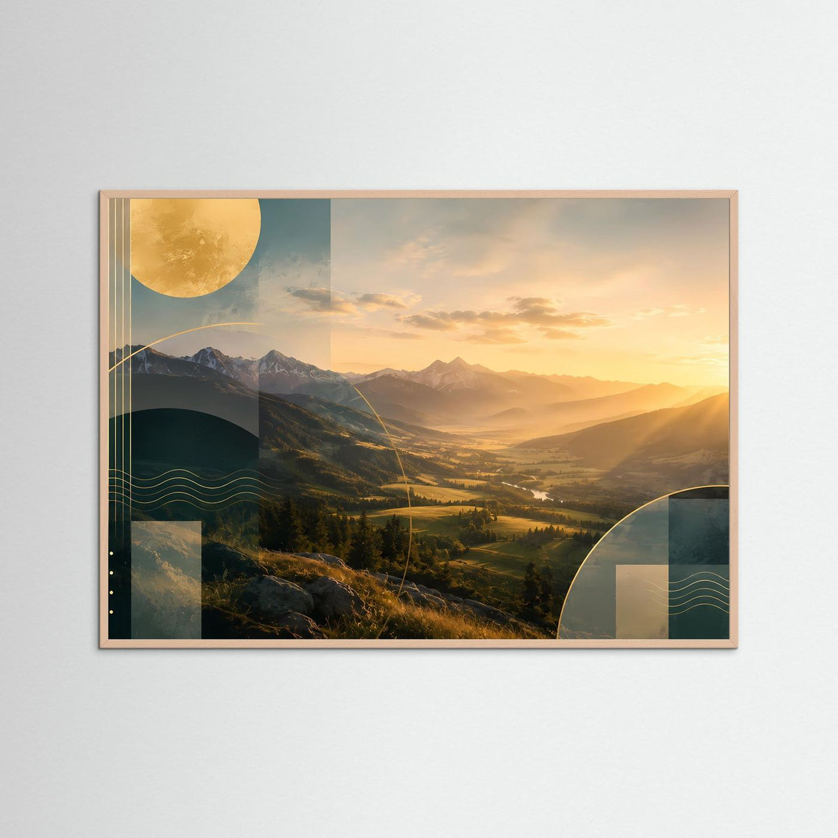 Landschafts-Poster im Querformat mit Rosé-Holzrahmen: goldene Berge bei Sonnenuntergang, abstrakte Formen