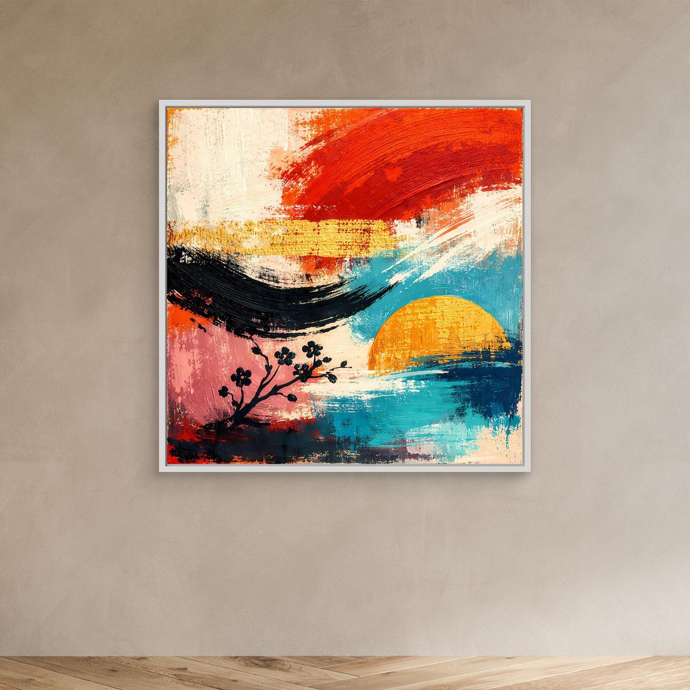 Abstraktes Wandbild mit weißem Rahmen: Kirschblütenzweig und gelbe Sonne über blauem Meer
