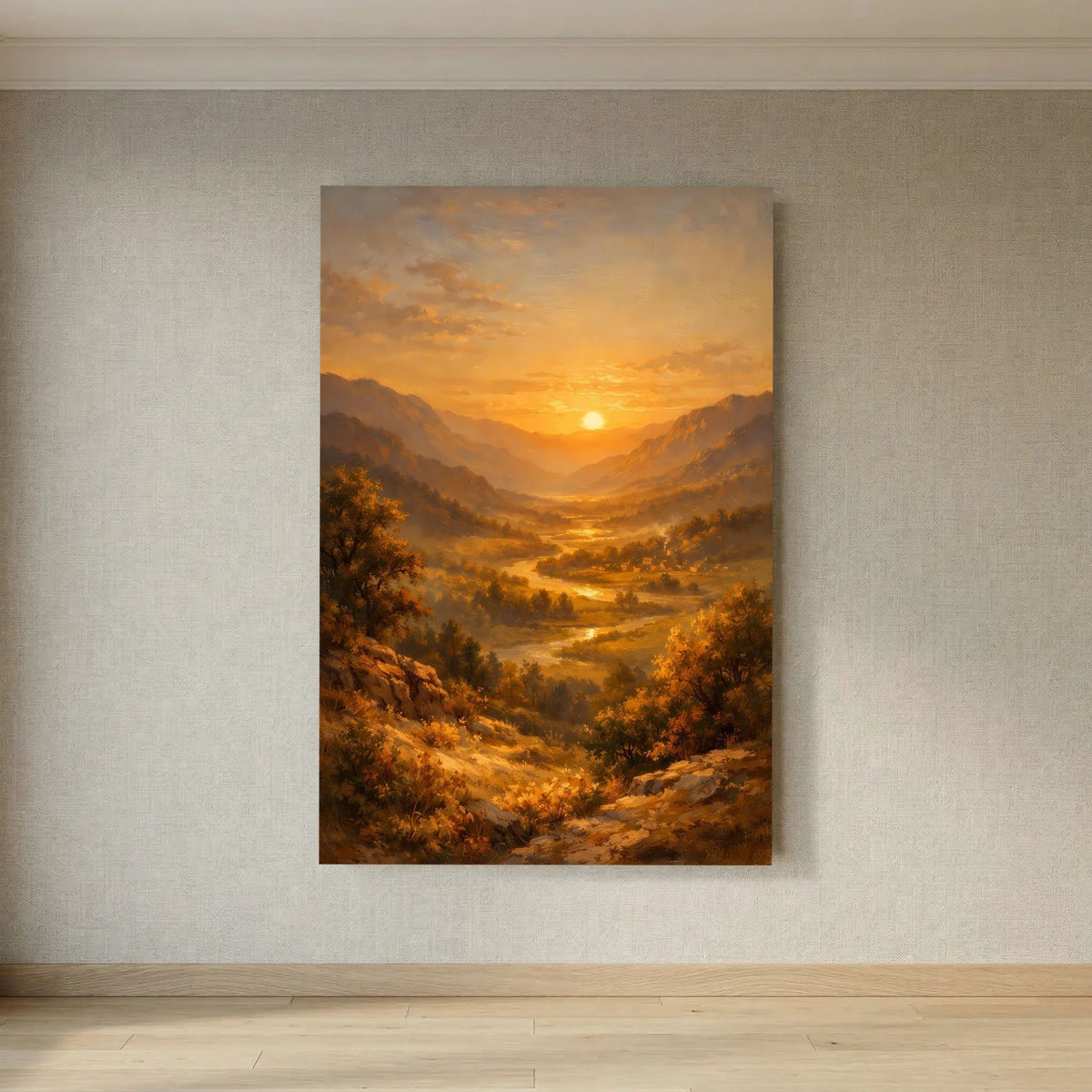 Hochformatiges Landschaftswandbild: Flusstal mit Bergen und Sonnenuntergangslicht