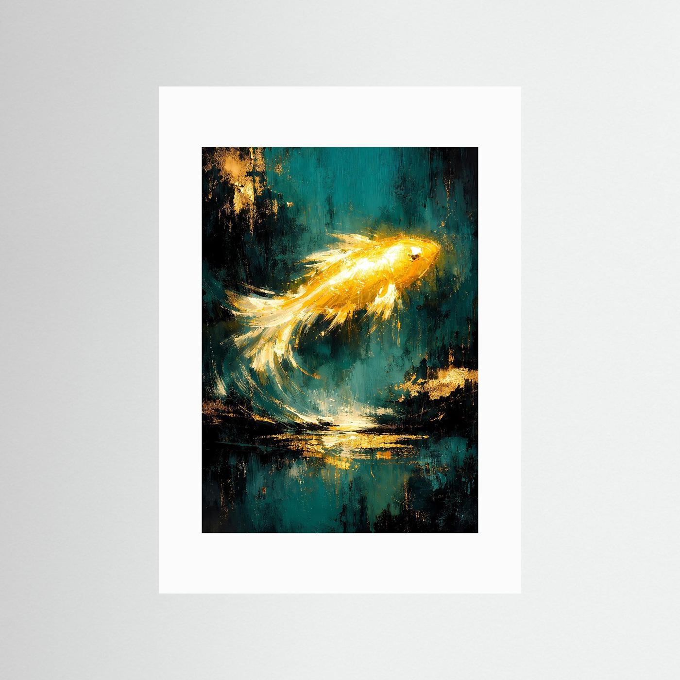 Kunstposter mit goldener Goldfisch-Silhouette und weißem Rand auf türkis-blauem Abstraktgemälde