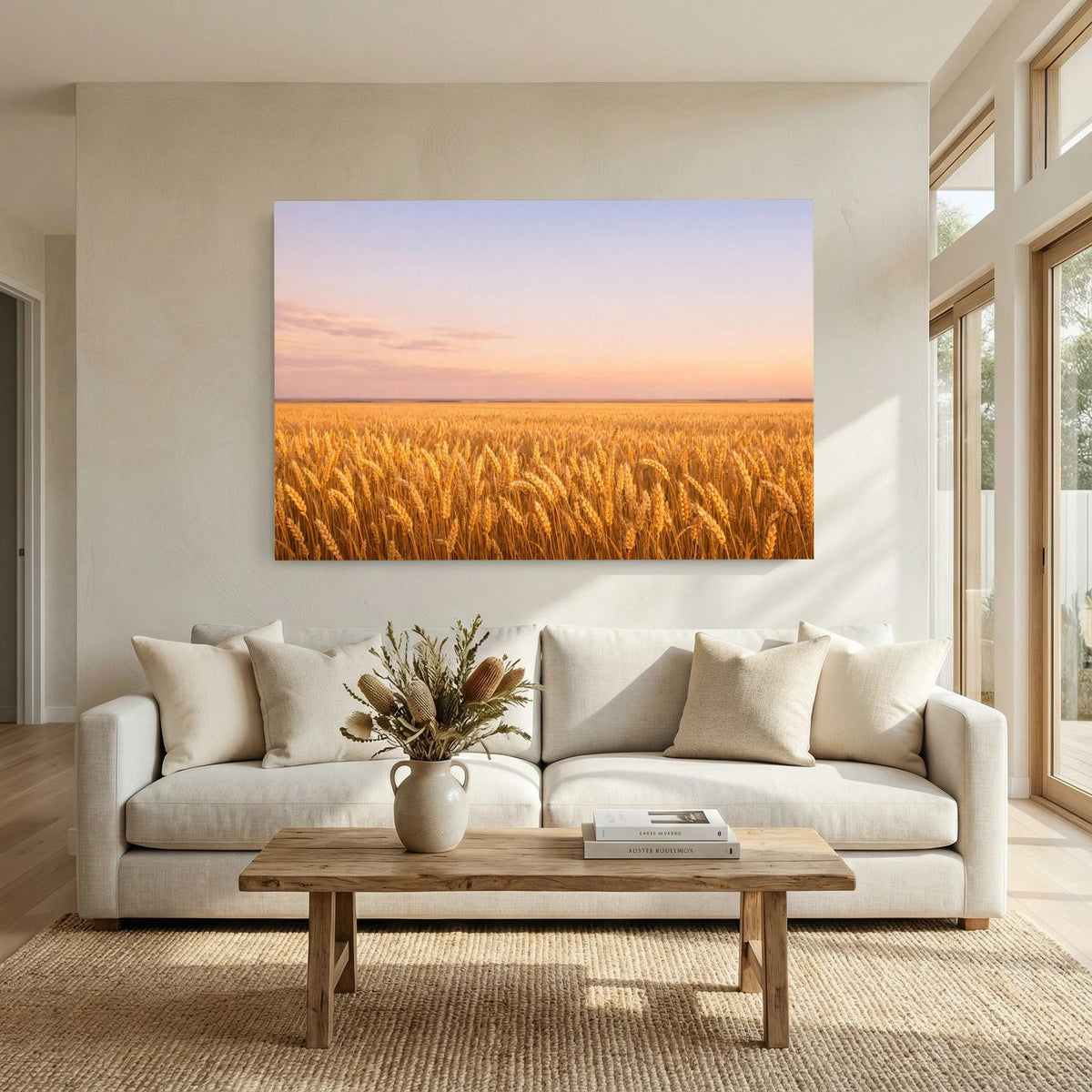 Wandbild-Poster: goldenes Weizenfeld im Abendhimmel, Querformat, rechteckig.