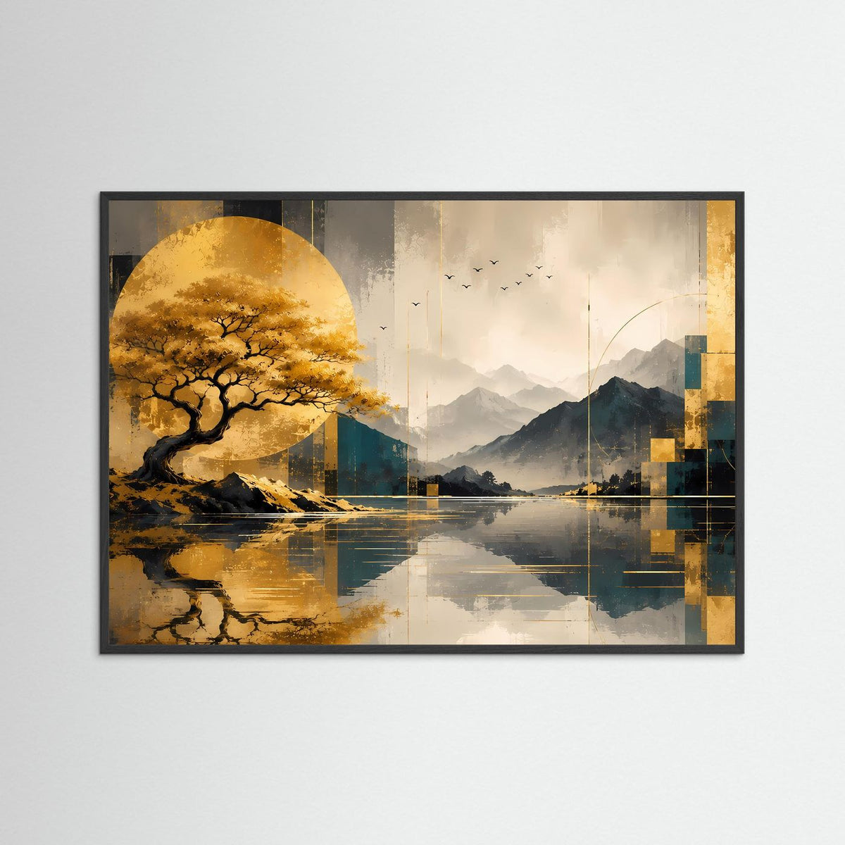 Landschaftsposter: goldener Baum, Berge und See mit Spiegelung, schwarzer Rahmen