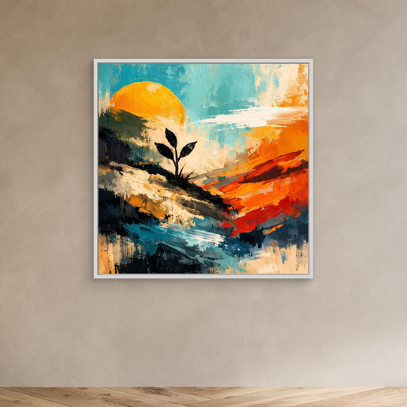Abstraktes Wandbild mit weißem Rahmen: großer Sonnenkreis und Baum-Silhouette